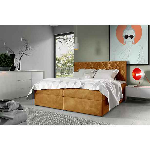 Postel boxspring s prošívaným čelem EUGEN - 160x220, žlutá + topper ZDARMA
