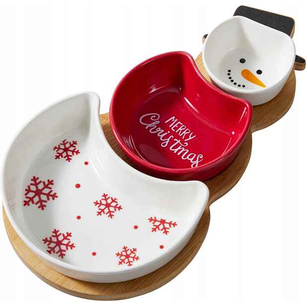 Vánoční keramické misky na bambusovém tácu sněhulák 26,5 cm, H&l