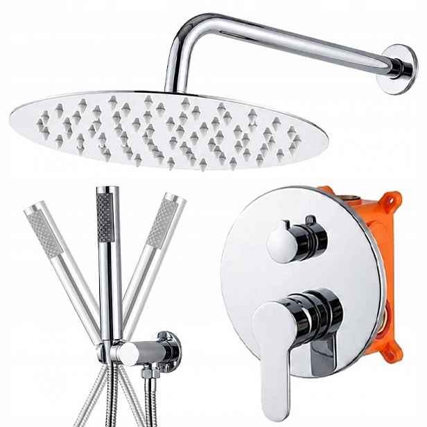 Sprchový set pod omítku, chrom, kulatý baterie, dešťová sprcha box