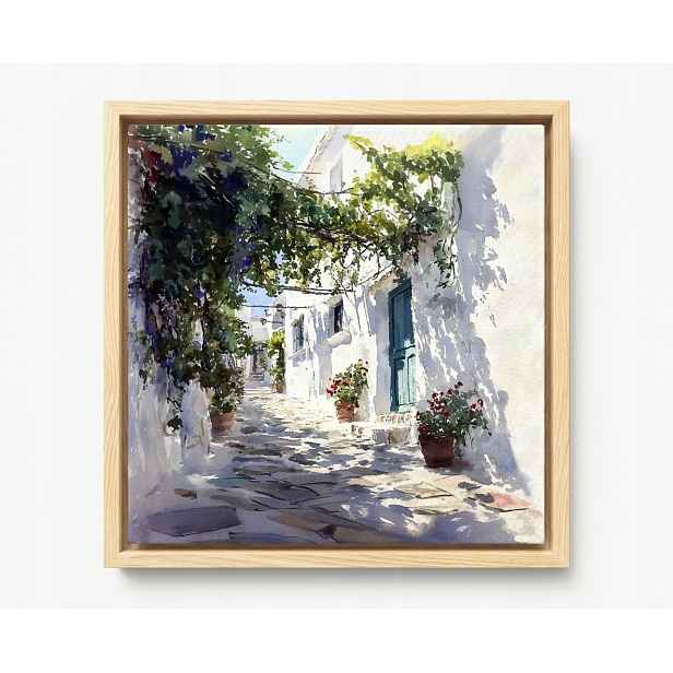 Obraz Rám Americký Box Řecko Bílé Domky Květiny Pergola Santorini 60x60