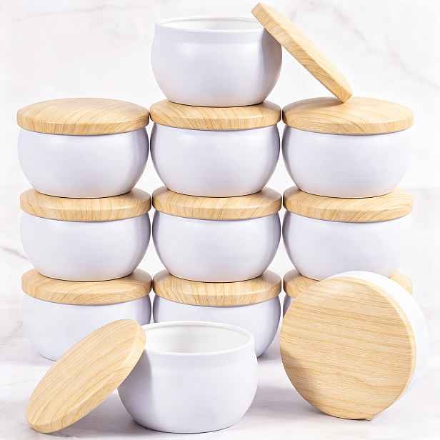 TEMU 12 ks bílých plechovek na svíčky s kovovými víčky s dřevěným vzorem, 2,5 oz - DIY potřeby na výrobu svíček a úložné nádoby