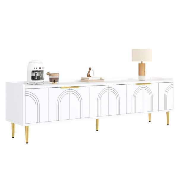 Redom TV stolek 170/35/47,5 cm s 3D dvířky, zlatými úchytkami a kovovými nohami, MDF, Bílá