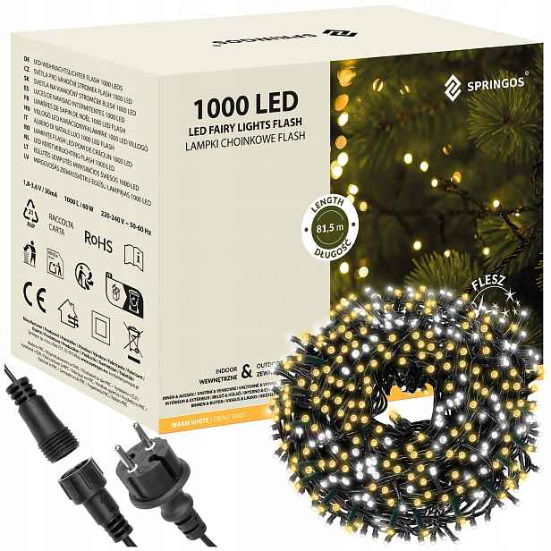 Vánoční Osvětlení Na Stromeček 1000 Led Venkovní Stálé Světlo Flash IP44 Teplá Bílá