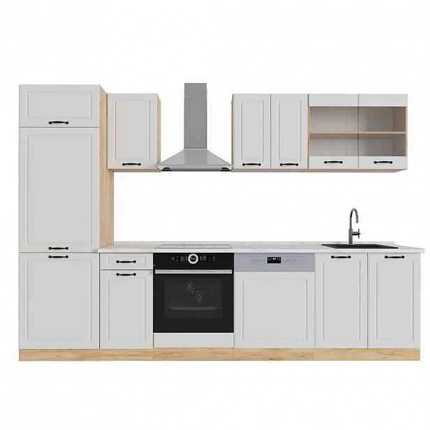 Vicco KUCHYŇSKÝ KOUT R-Line Bílý venkovský dům/zlatý dub 300 cm , PD Mramor