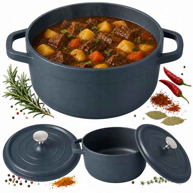 Hrnec Zapékací Mísa 2L Víko Odlitek Hliník Indukce Plyn Non-stick Šedý