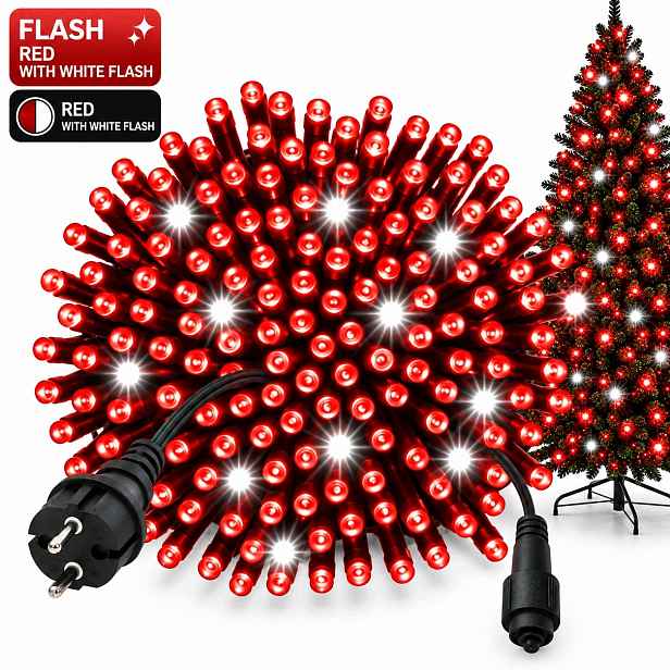 Vánoční Osvětlení Na Stromeček 500 Led 40 M Červené Bílý Flash IP44 Zelený Kabel