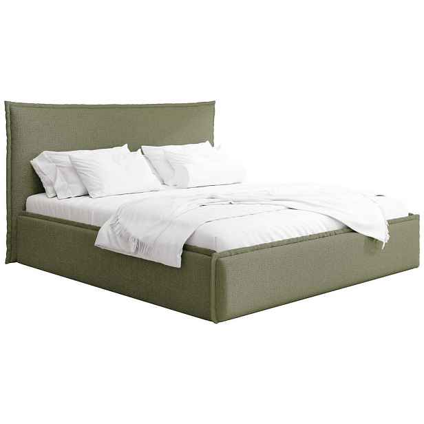 WFL GROUP ČALOUNĚNÁ postel Pillow: úložný prostor pod postelí, lamelový rošt, vysoké čelo postele - Zelená žinylka 200x200 cm