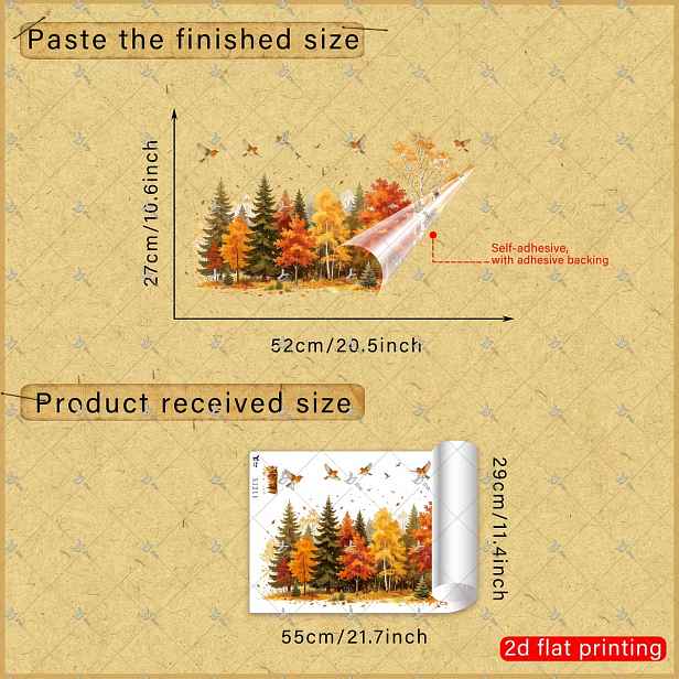 TEMU 2D Plochá, 1ks 2D Plochý Tisk Podzimní Lesní Krajina s Létajícími Ptáky a Javorovými Sklizeň 30*55cm Samolepka na Okno, Kreativní DIY Samolepicí