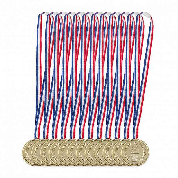 Relaxdays MEDAILE Zlatá 12er-Set plastová stuha Modrá Bílá Červená 62 cm