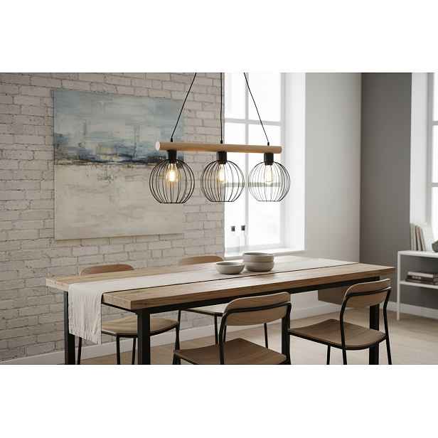 Závěsná Lampa Kůra 3 Černá Drátěná Loft Dřevo 3X E27 Nastavitelná