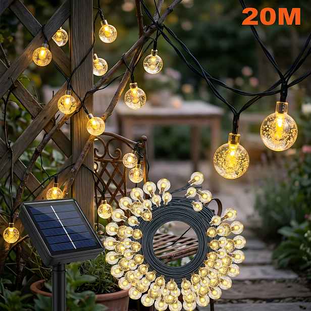 TEMU Solární venkovní řetězová světla s křišťálovými koulemi, 95/190 LED teplá bílá světla s křišťálovými koulemi s 8 světelnými režimy, IP65,