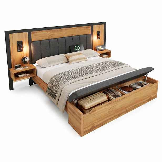 STILVORA ČALOUNĚNÁ POSTEL 160 × 200 cm, dubový dekor, lněný potah, lampičky, USB a úložná lavice