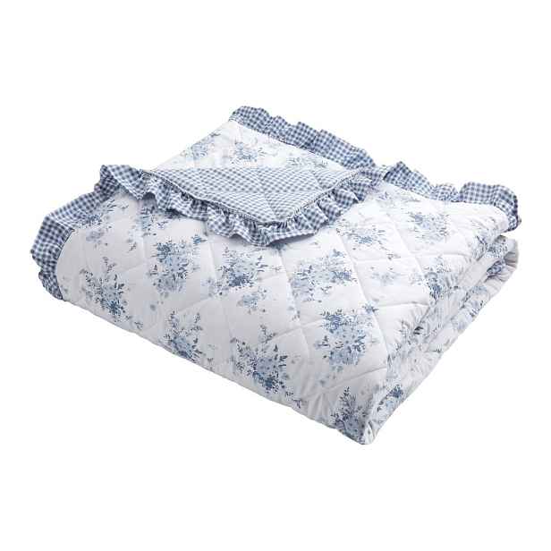 Bílo-modrý prošívaný přehoz 220x230 cm Lucie Floral Frill – Catherine Lansfield