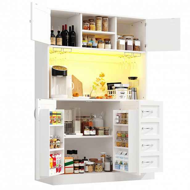 Redom BUFFET 120/40/188 cm s LED osvětlením, úložným prostorem, držáky na nápoje a 4 dvířky, Bílá