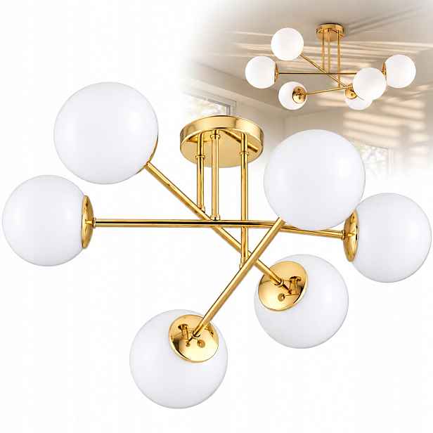 Závěsná lampa Zlatá stropní Led 6x E27 Koule Mléčný lustr Loft Lustr