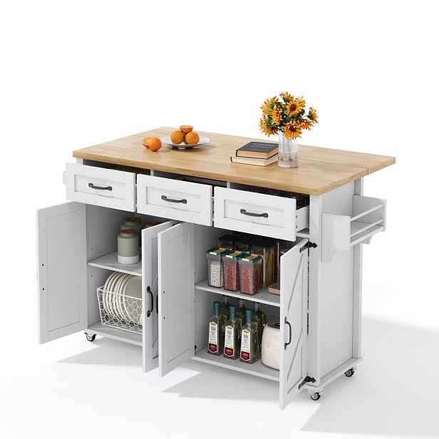 Modfu KUCHYŇSKÝ ostrůvek z MDF 140x43(70)x90,5 cm bílá/přírodní se sklápěcí deskou, zásuvkami a kolečky