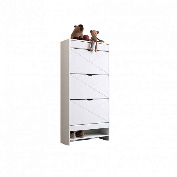 Modfu BOTNÍK z MDF 63x26x136 cm bílý se 3 výklopnými přihrádkami, horní zásuvkou a nastavitelnými policemi