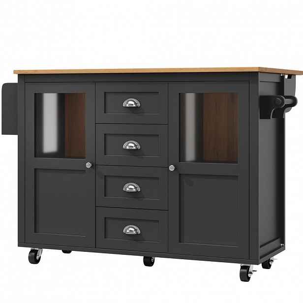 Modfu KUCHYŇSKÝ ostrůvek z MDF a kovu 137,9x73x92,5 cm černý se sklápěcí deskou, kolečky a velkým úložným prostorem