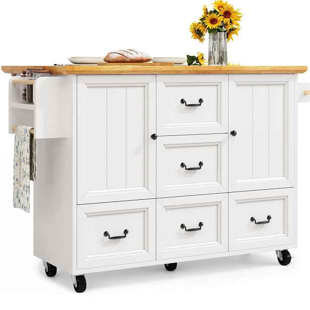 Redom KUCHYŇSKÝ ostrůvek 120/73/92,5 cm s výklopnou deskou, kolečky a úložným prostorem, MDF a kov, Bílá