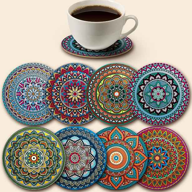 TEMU 8 ks Dřevěných Podtácků s Mandal – Ideální pro Sváteční Setkání, Vhodné do Barů, Kanceláří i Domovů, Rozměr 10 cm × 10 cm