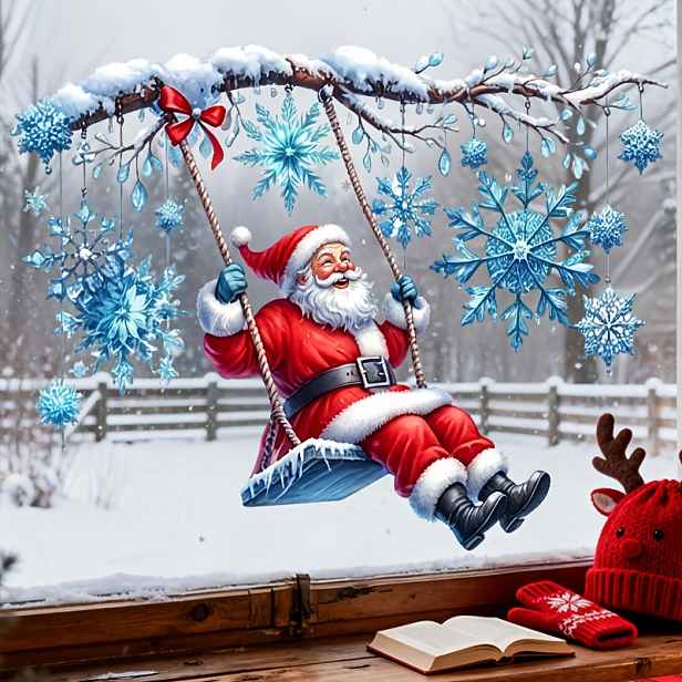 TEMU Kývavý Santa Claus Sněhové Vločky Zimní Větev Statická Samolepka na Okno, Oboustranně Viditelná Vánoční Sněhová Scéna, Bez Lepidla Bez Zbytků,