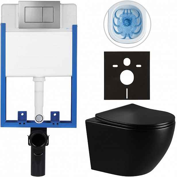 Kompletní WC set Profi/Cesso - černá lesklá - WC tlačítko Classic/Tmavě šedá - pro zazdění - 49x36 cm