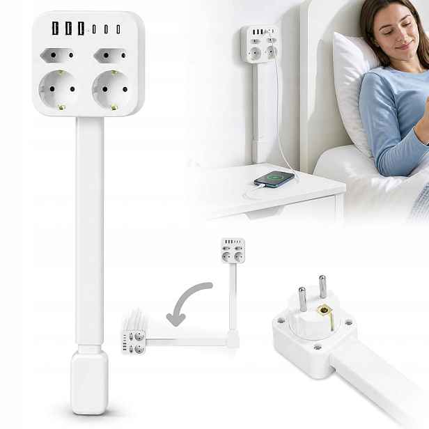 Rozdělovač zásuvek nástěnný otočný 180° slim 4 zásuvky 6 Usb bílý