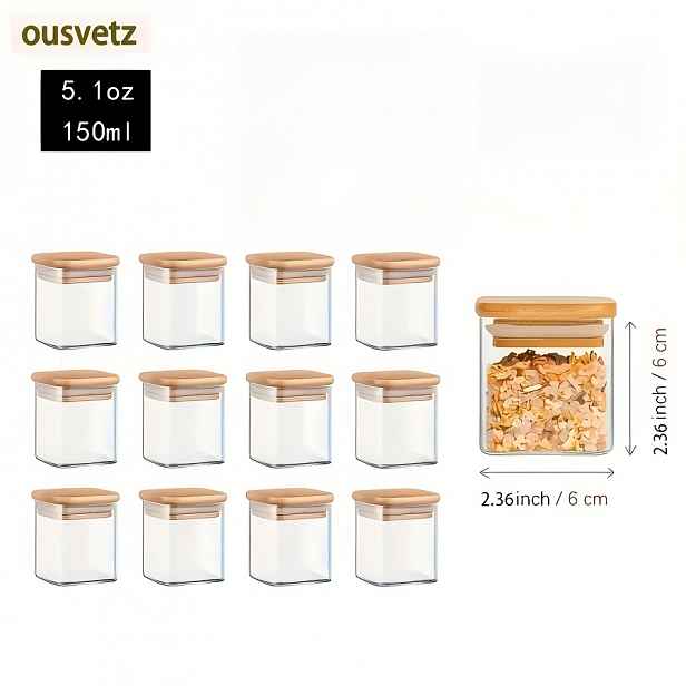 TEMU Sada 12 skleněných kořenek, s uzavíratelnými čtvercovými nádobami, ideální pro skladování a perfektní pro koření, sůl a cukr
