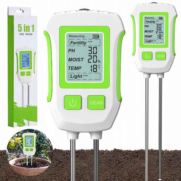 Měřič Ph Půdy Tester Vlhkosti Kyselinoměr 5V1 Zahradnický Pro Rostliny Lux