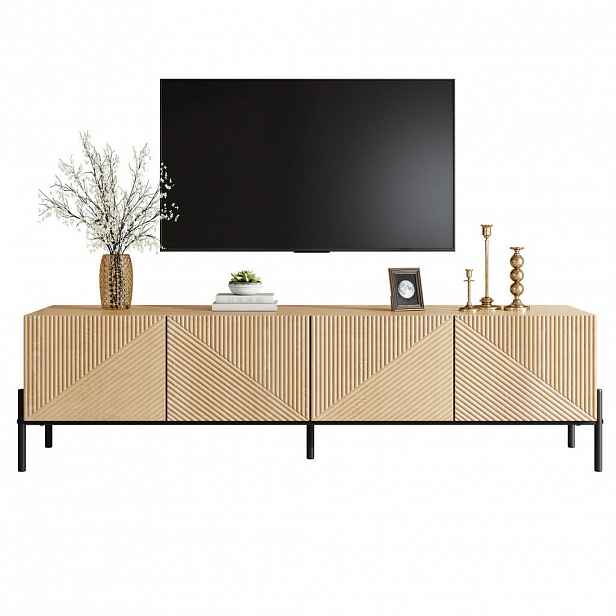 Modfu TV stolek z MDF 163,5x40x45 cm přírodní se 4 dvířky, 3D strukturou a otvíráním na stisk