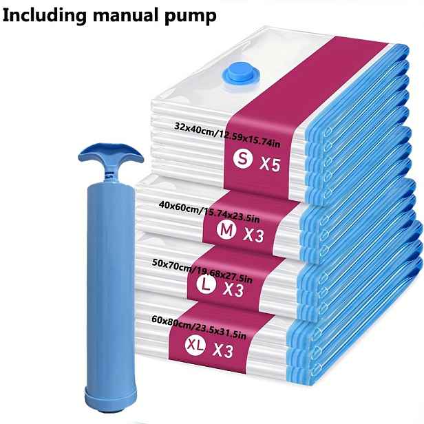 TEMU 14 ks vakuových úložných pytlů (5 malých, 3 středních, 3 velkých, 3 extra velkých) s přenosnou ruční vzduchovou pumpou, ideální pro skladování