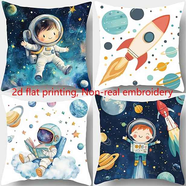 TEMU Sada 4 povlaků na polštáře s hvězdné oblohy a designem astronautů, raket, planet a dalších. Vyrobeno z měkké a hebké látky. Každý měří 17,72