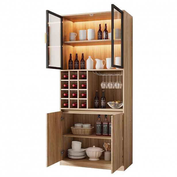 Modfu VITRÍNA z MDF 80x40x180 cm přírodní s prosklenými dvířky, LED osvětlením a odnímatelným držákem na sklenice