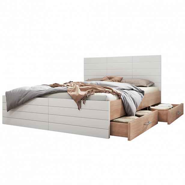 Modfu MANŽELSKÁ postel z masivu a MDF 140x200 cm bílá/světlý dub se 2 zásuvkami, roštem a matrací