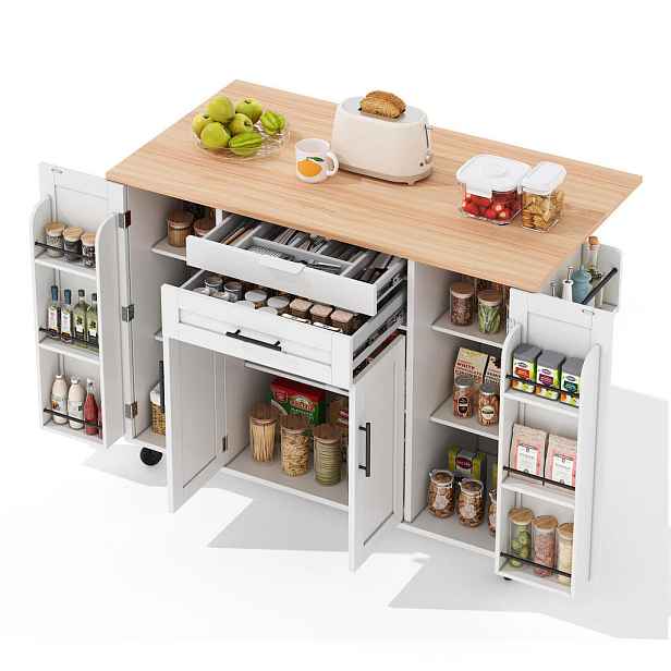 Modenvie KUCHYŇSKÝ ostrůvek z MDF, 136/70/92 cm, bílý v přírodním dekoru, pojízdný s výklopnou deskou