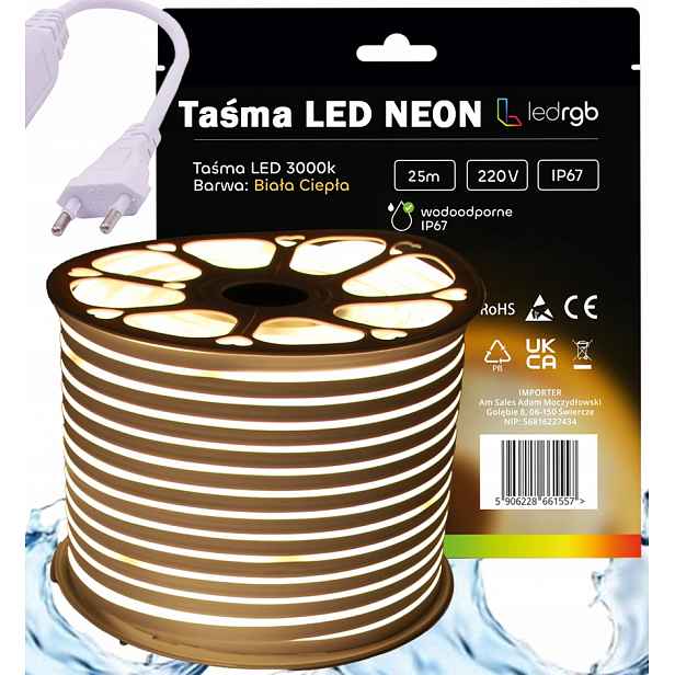 Set Led pásek Neon 220V 230V 25m 3000K Bílý Teplý Napájecí Zdroj IP67 120/m
