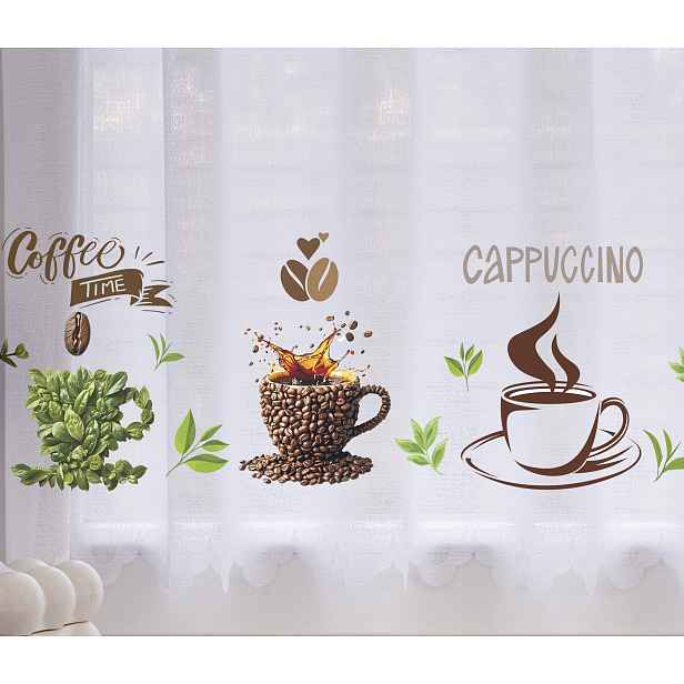 Mg Vitrážová Záclona do kuchyně Coffee Time 87 400x60 cm, lemované boky, šitá M