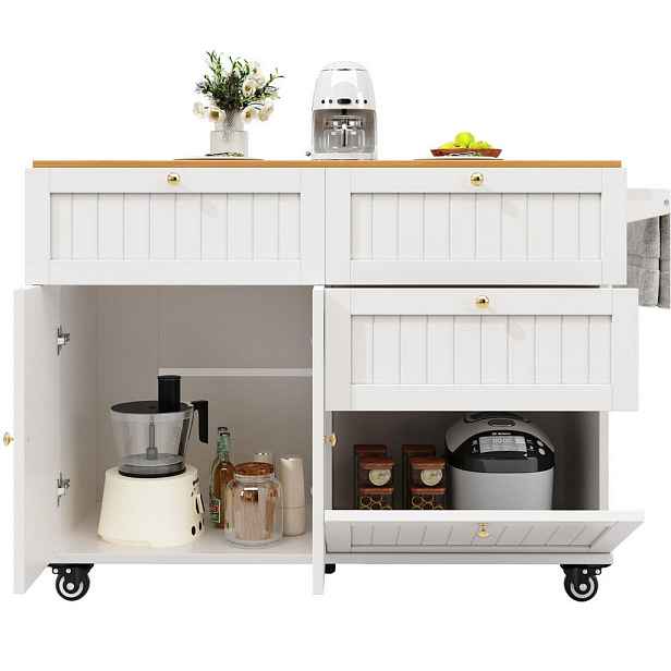 Modenvie KUCHYŇSKÝ ostrůvek z MDF, 133/37,3/88 cm, bílý, na kolečkách s úložným prostorem