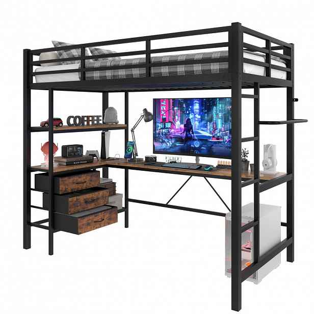 Modfu PATROVÁ postel z kovu a MDF 90x200 cm černá s LED osvětlením, psacím stolem, USB a 3 zásuvkami