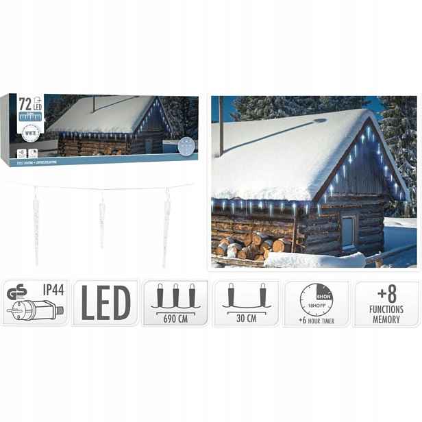 Lampičky Světelný Závěs Rampouchy Zew 72 Led Studená Bílá Časovač Christmas Decora