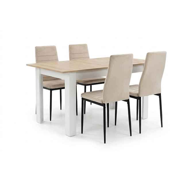 Rozkládací jídelní stůl Sonoma 120/160x80 cm 4 béžové sametové židle Axell