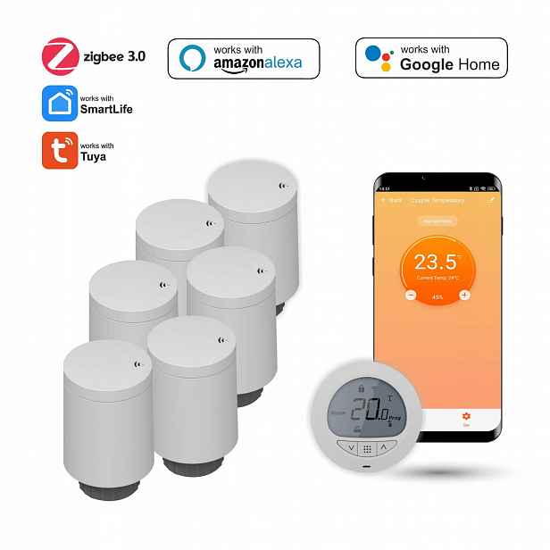 Sada se šesti radiátorovými hlavicemi a termostatem Zigbee Tuya