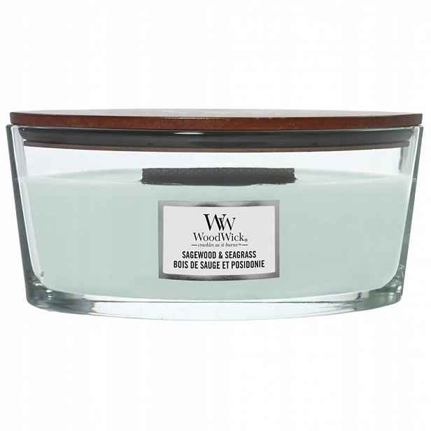 WoodWick vonná svíčka s dřevěným knotem Elipsa Sagewood & Seagrass 453,6g
