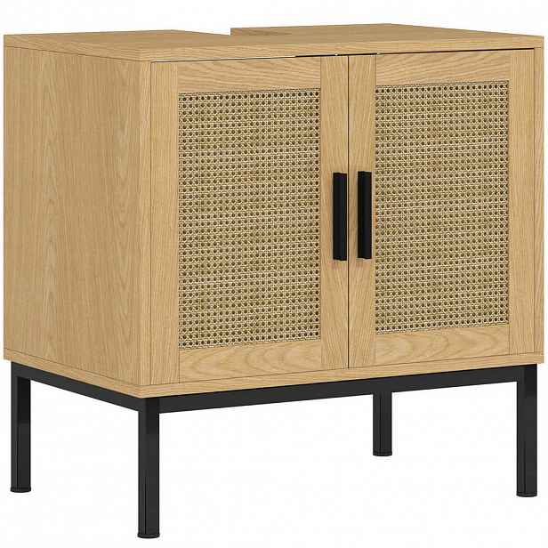 Modfu SKŘÍŇKA pod umyvadlo z dřevodekoru 60x39x60 cm dubová s ratanovým vzhledem, 2 policemi a ochranou proti převrácení