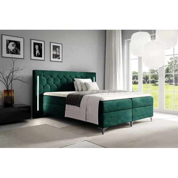 Vysoká manželská postel 160x220 ELIANE s LED osvětlením - zelená + topper ZDARMA