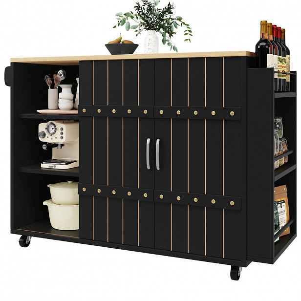 Modfu KUCHYŇSKÝ vozík z MDF 110x42x90 cm černý se sklopnou deskou, posuvnými dveřmi a 3 zásuvkami