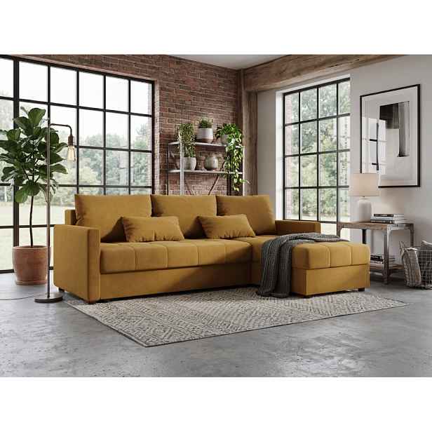 Rozkládací oboustranná sedací souprava do L VENORIA 220x143 cm, hořčicová + 2 polštářky ZDARMA