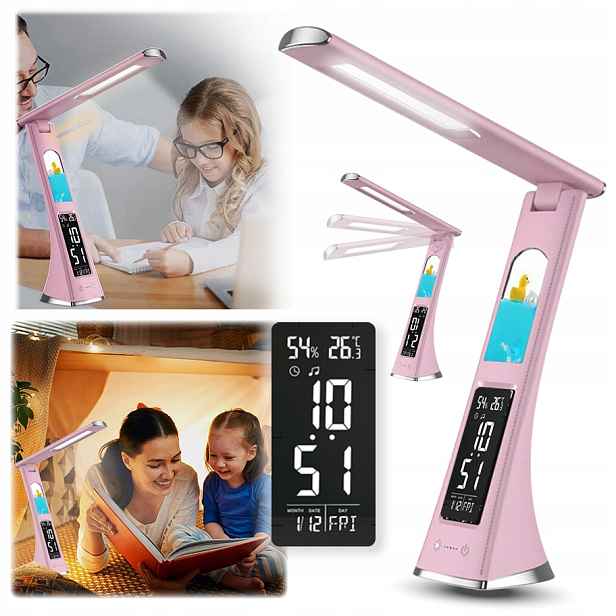 Skládací stolní lampa, noční lampa, Led hodiny s obrazovkou, růžová s motivem
