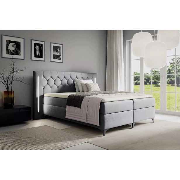 Vysoká manželská postel 160x220 ELIANE s LED osvětlením - šedá + topper ZDARMA