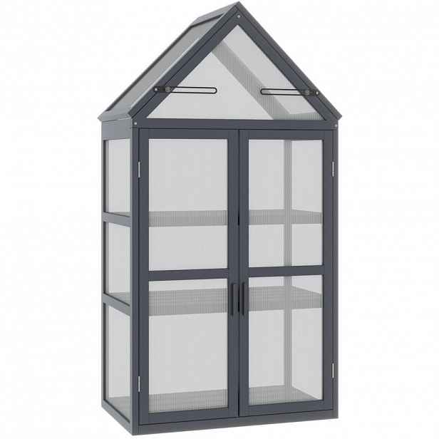 Modfu MINI skleník ze dřeva 70,5x42x132 cm šedý se 3 policemi, výklopnou střechou a dvojitými dvířky